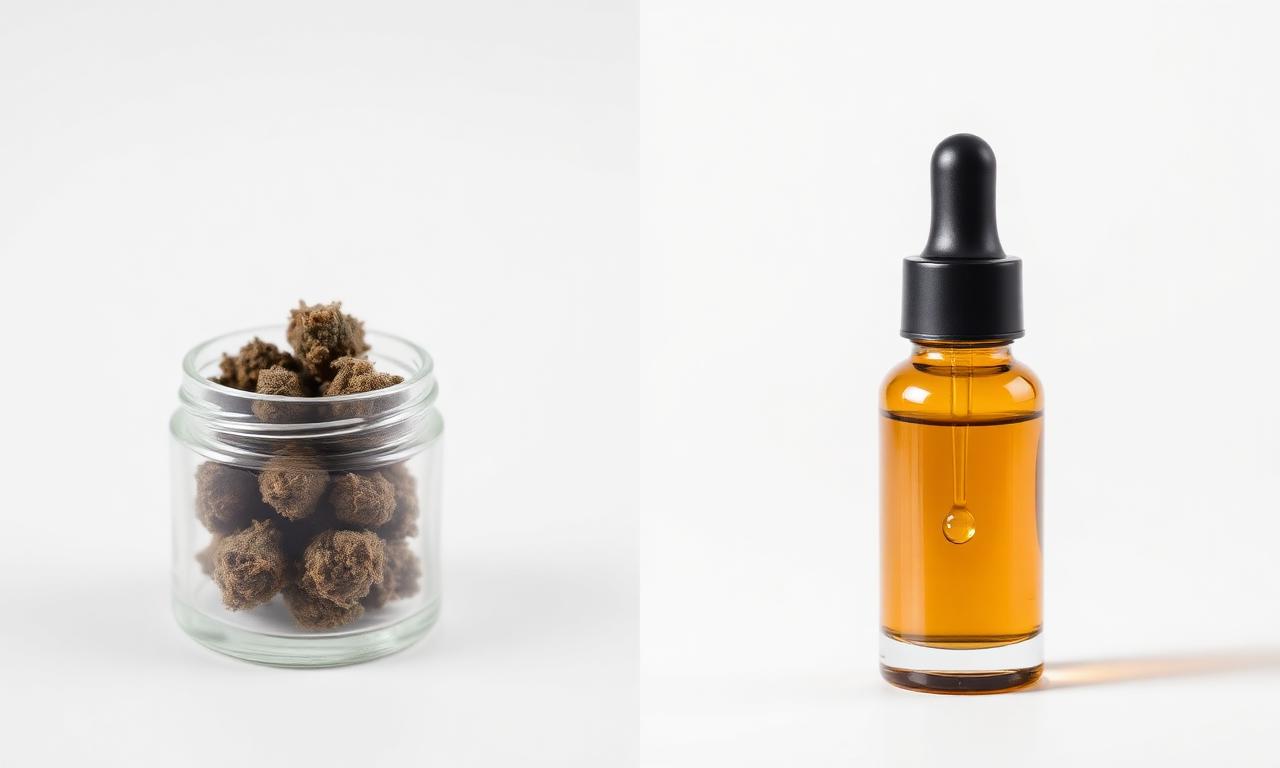 Glas mit Cannabis-Blüten neben Pipettenflasche mit Cannabis-Extrakt auf weißem Hintergrund