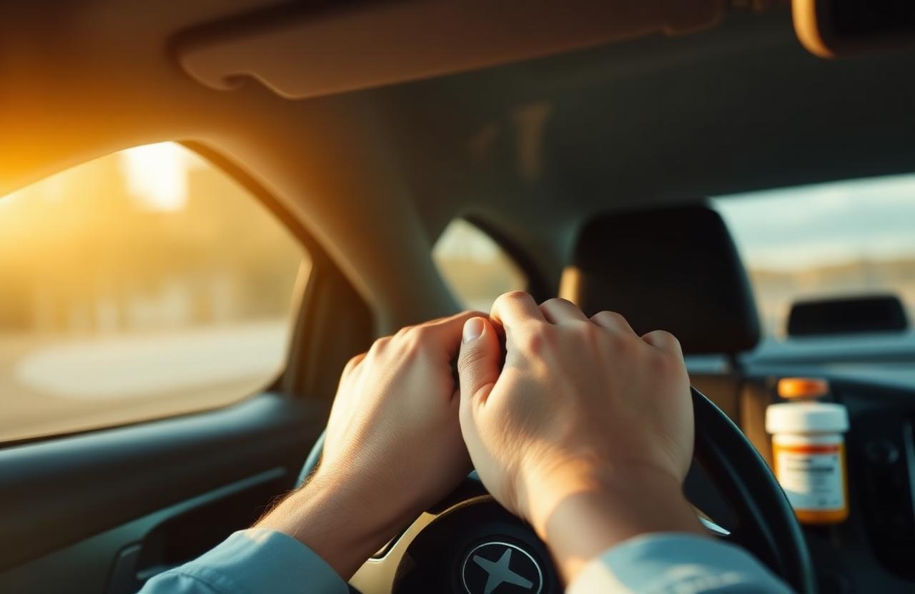 Hände am Lenkrad eines Autos im Morgenlicht, ruhige Stimmung, Cannabis-Rezept auf dem Beifahrersitz