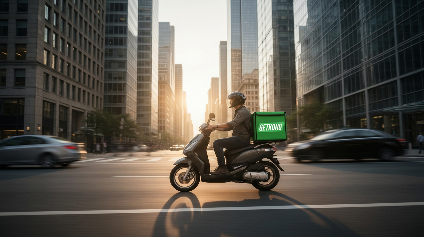 Schneller Lieferdienst auf E-Scooter in Großstadt mit medizinischem Paket