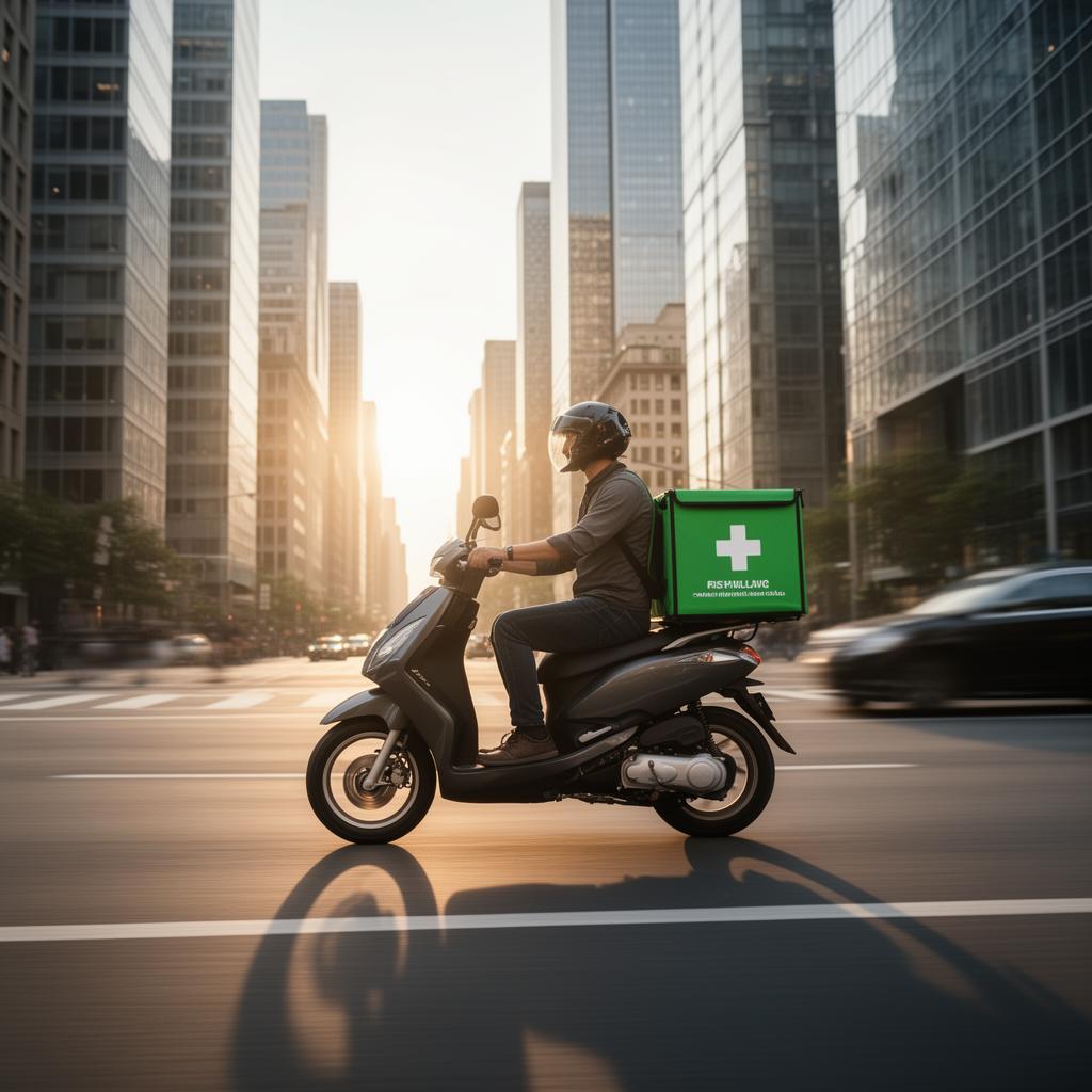 Schneller Lieferdienst auf E-Scooter in Großstadt mit medizinischem Paket