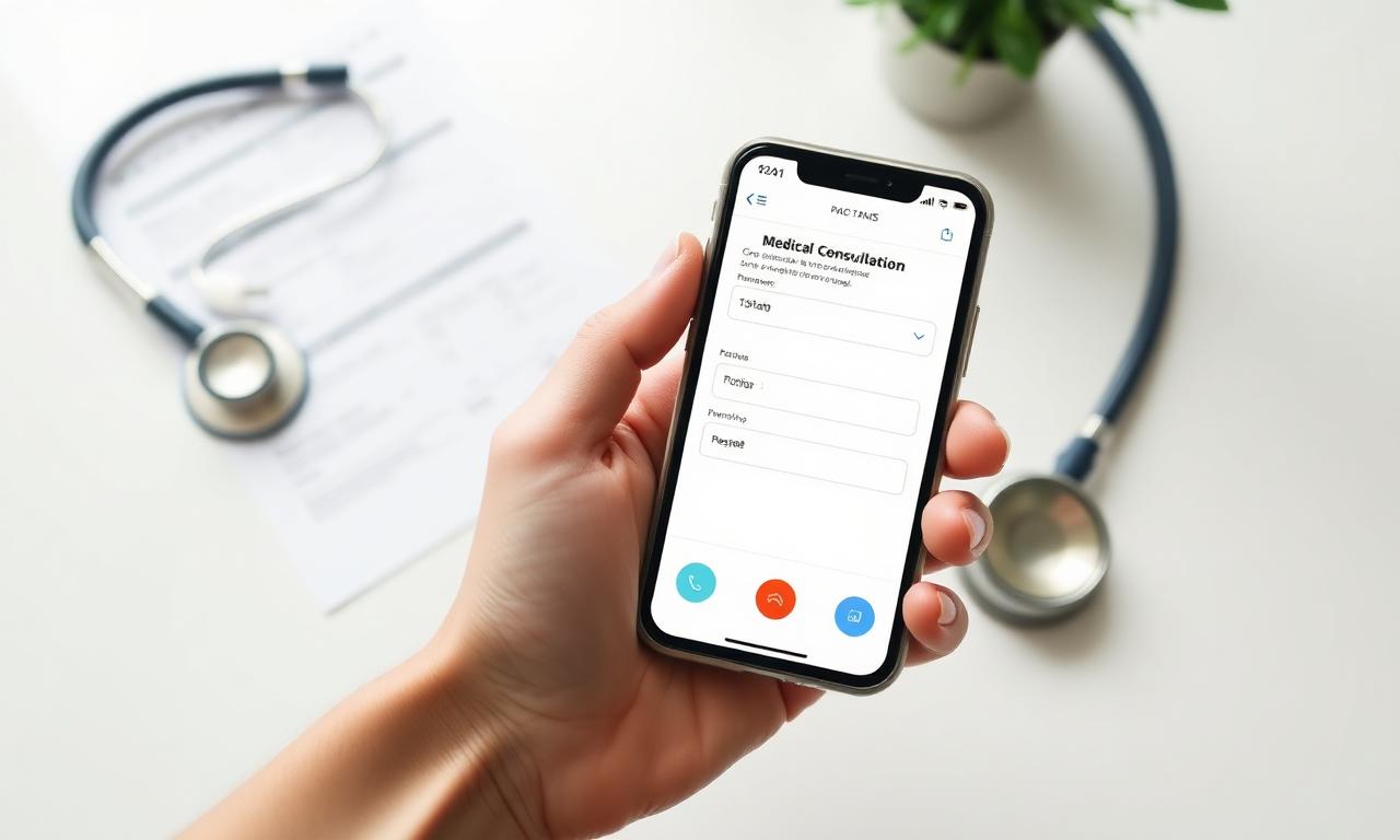 Patient hält Smartphone mit Online-Sprechstunde, im Hintergrund Stethoskop und Rezept